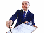 Smiling bald man with a clipboard and pen